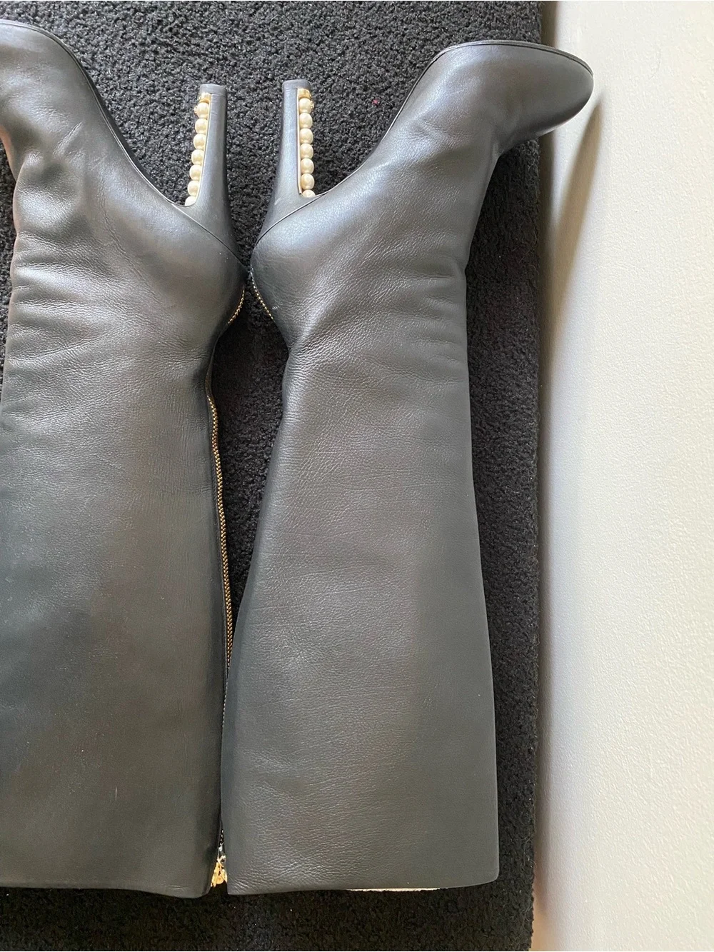 Chanel Leather Knee-High Women's Boots with Pearl Heels